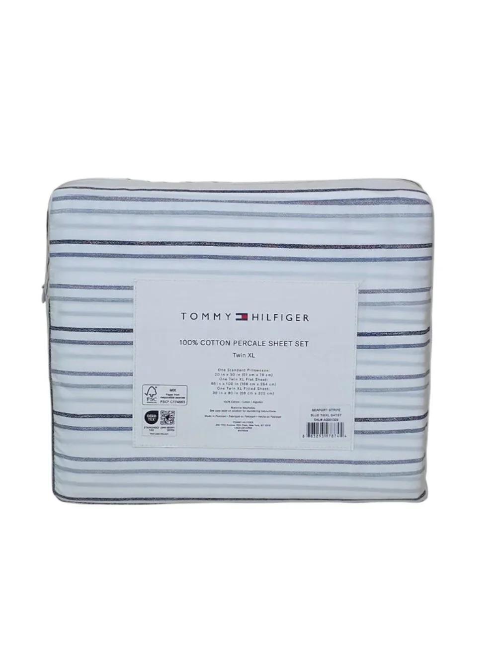 Tommy Hilfiger 100% Cotton Percale Sheet Set Twin XL Seaport Stripe Blue & White